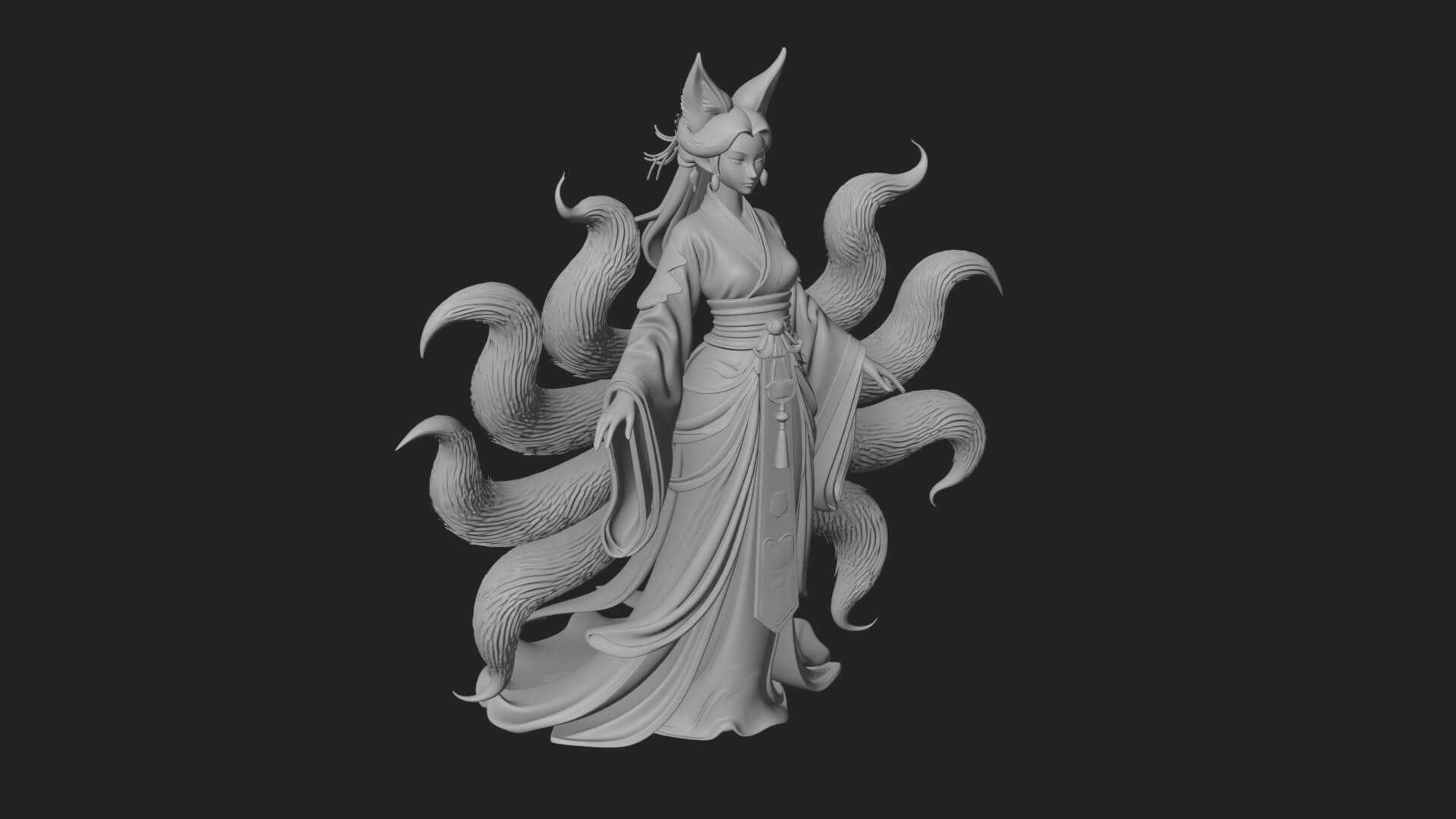 Fox Eared Kitsune Woman Statue Design 4 3D Print Model 3D Model