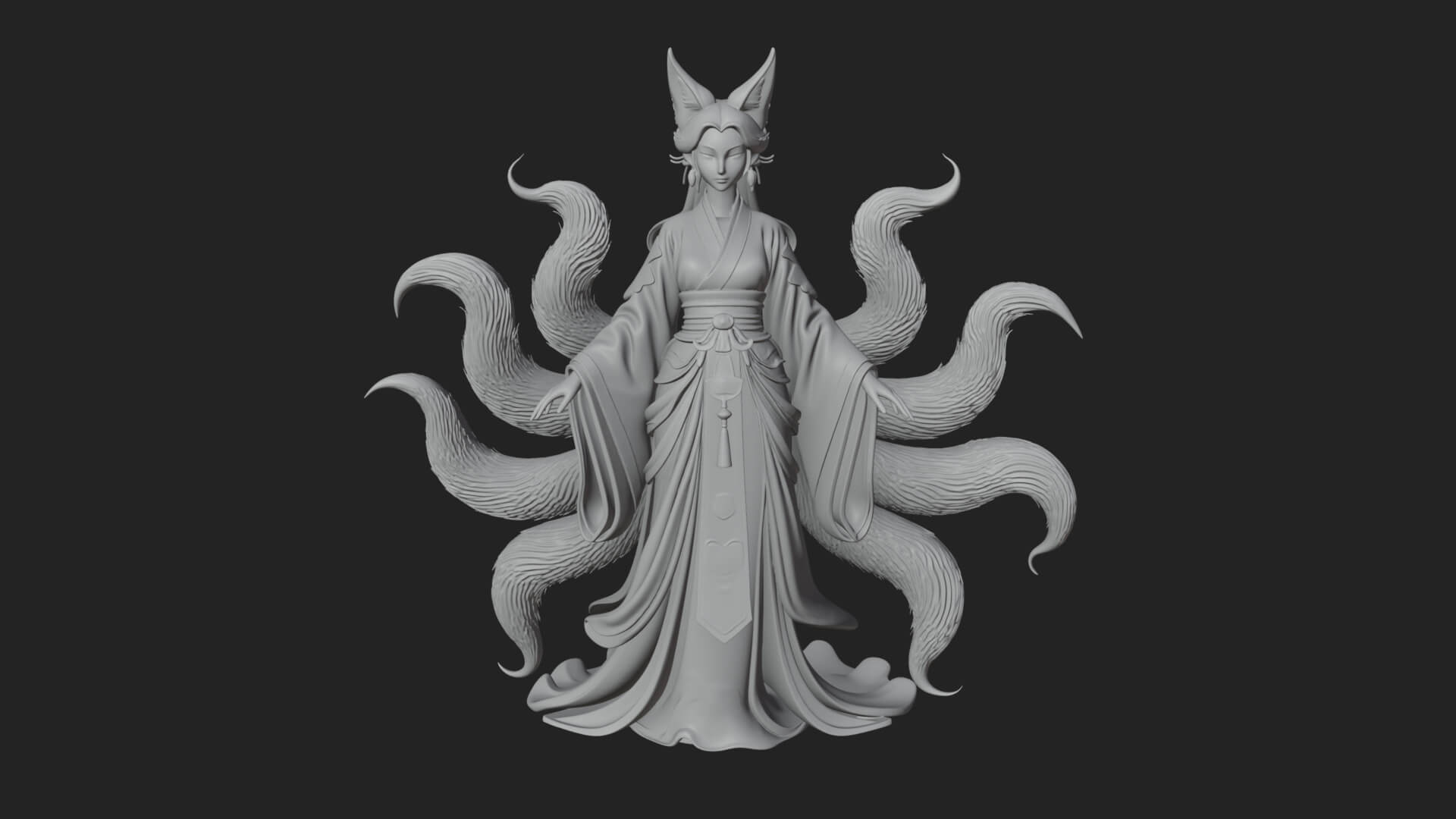 Fox Eared Kitsune Woman Statue Design 4 3D Print Model 3D Model