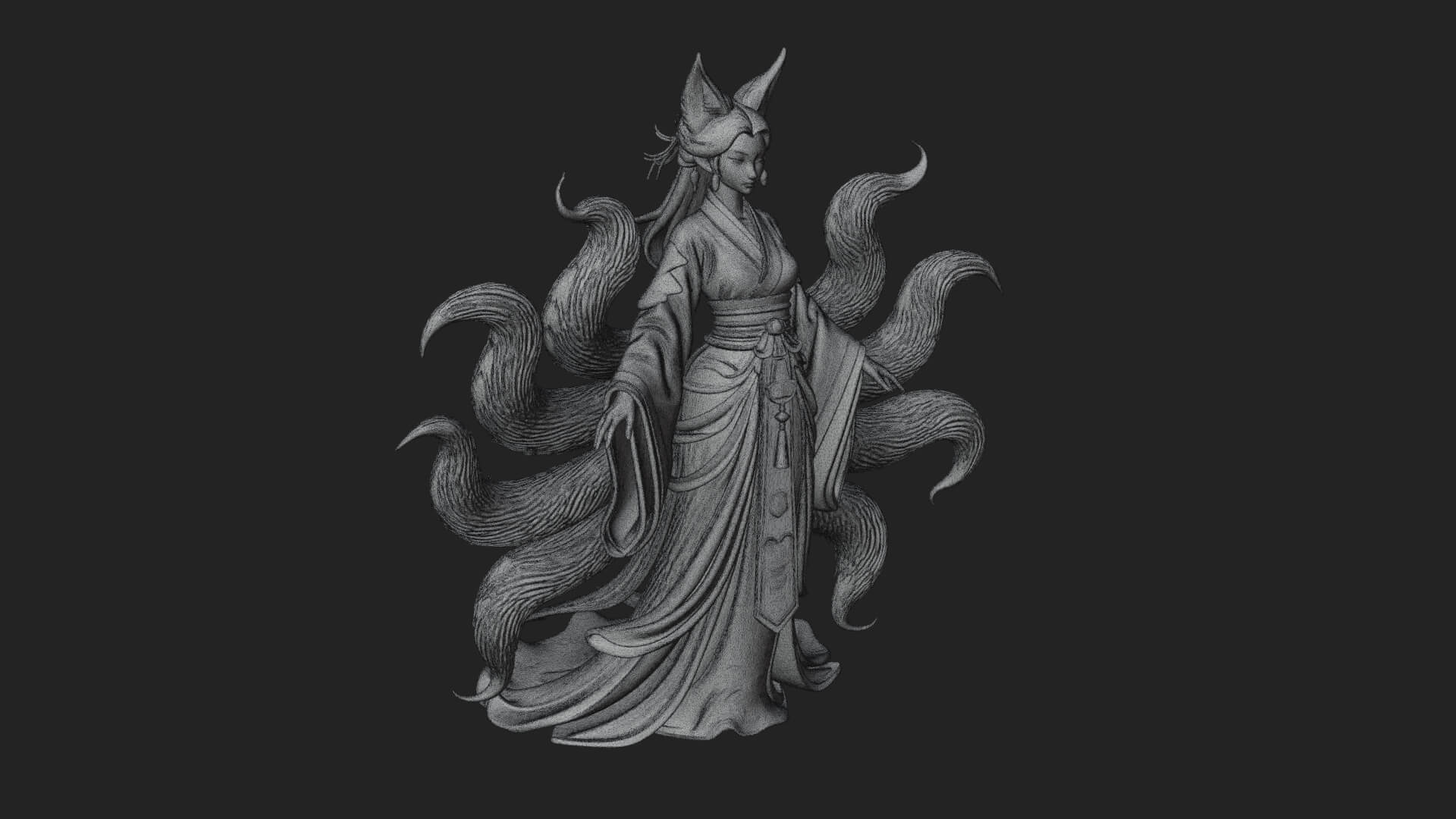 Fox Eared Kitsune Woman Statue Design 4 3D Print Model 3D Model