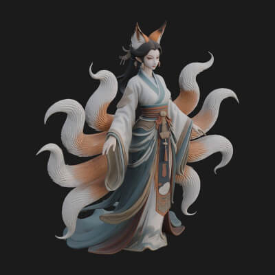 Fox Eared Kitsune Woman Statue Design 4 3D Print Model
