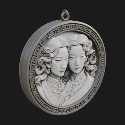 Gemini Zodiac Relief Medallion Pendant Design 5 3D Print Mod