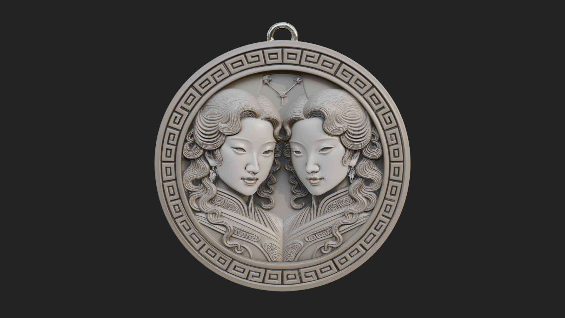 Gemini Zodiac Relief Medallion Pendant Design 6 3D Print Mod 3D Model