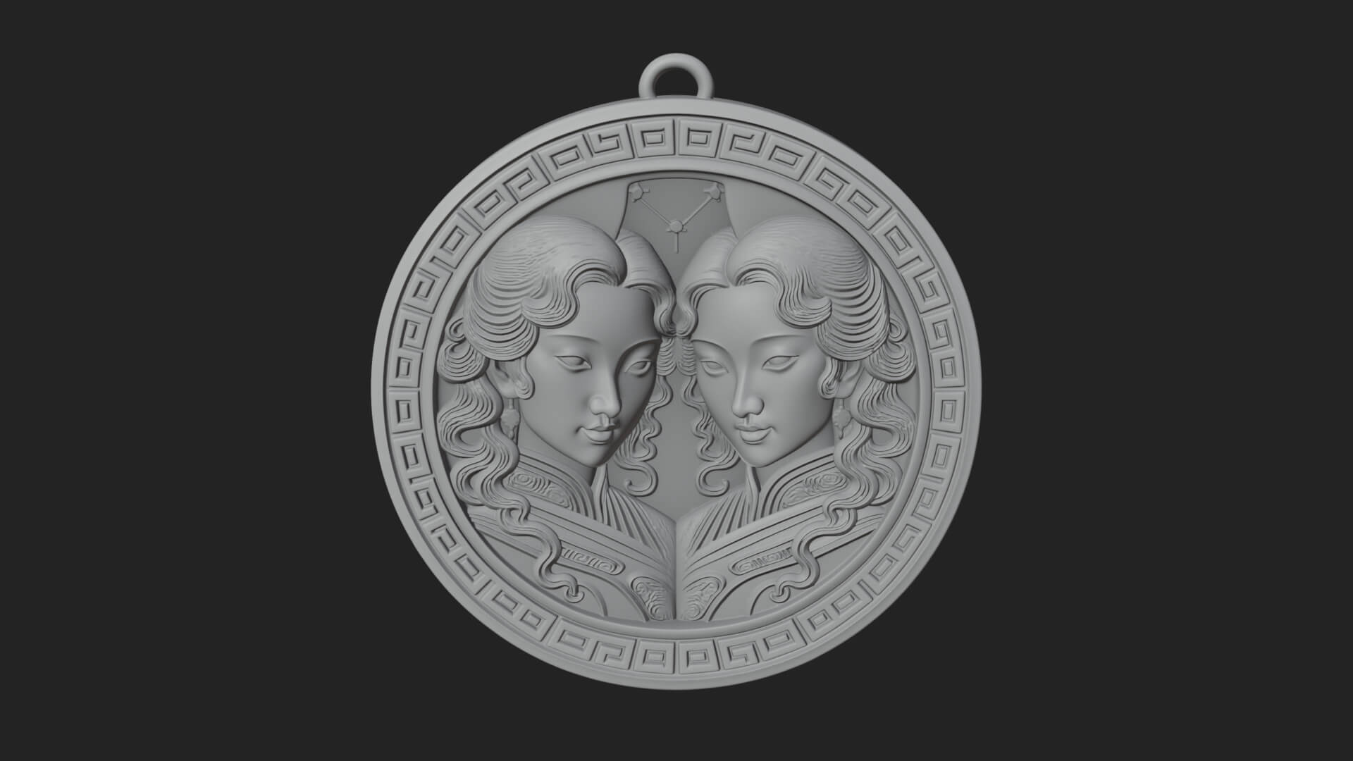 Gemini Zodiac Relief Medallion Pendant Design 6 3D Print Mod 3D Model
