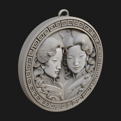 Gemini Zodiac Relief Medallion Pendant Design 6 3D Print Mod