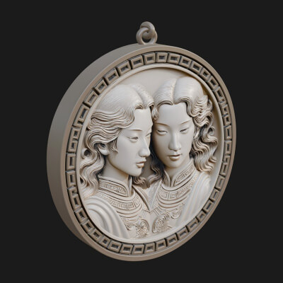 Gemini Zodiac Relief Medallion Pendant Design 7 3D Print Mod