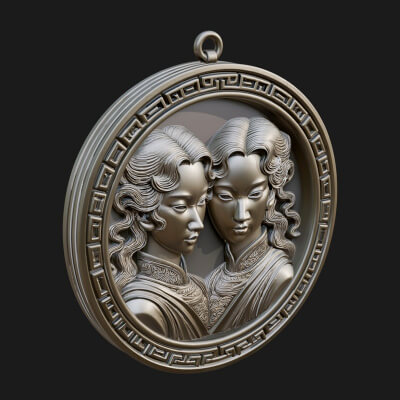 Gemini Zodiac Relief Medallion Pendant Design 8 3D Print Mod