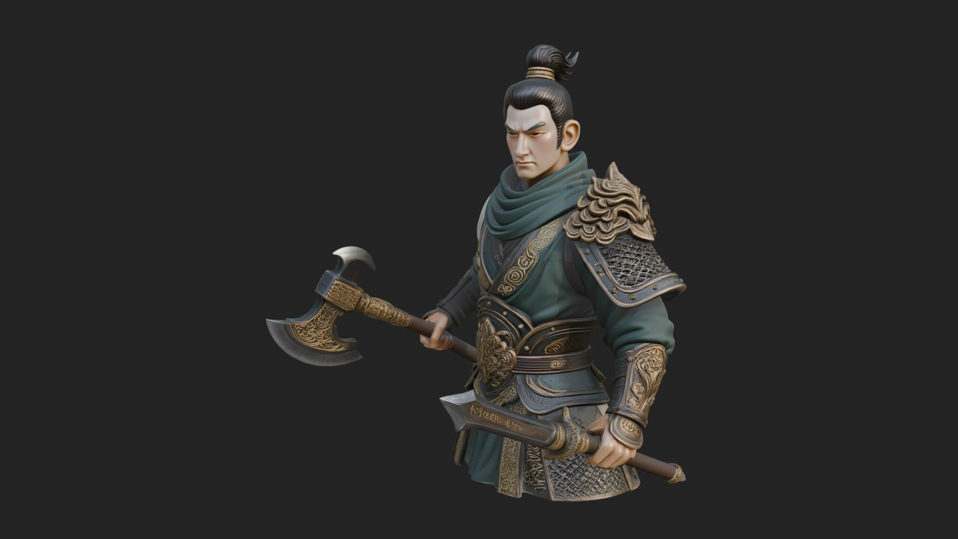 Green Armor Axe Warrior Bust Design 2 3D Print Model 3D Model