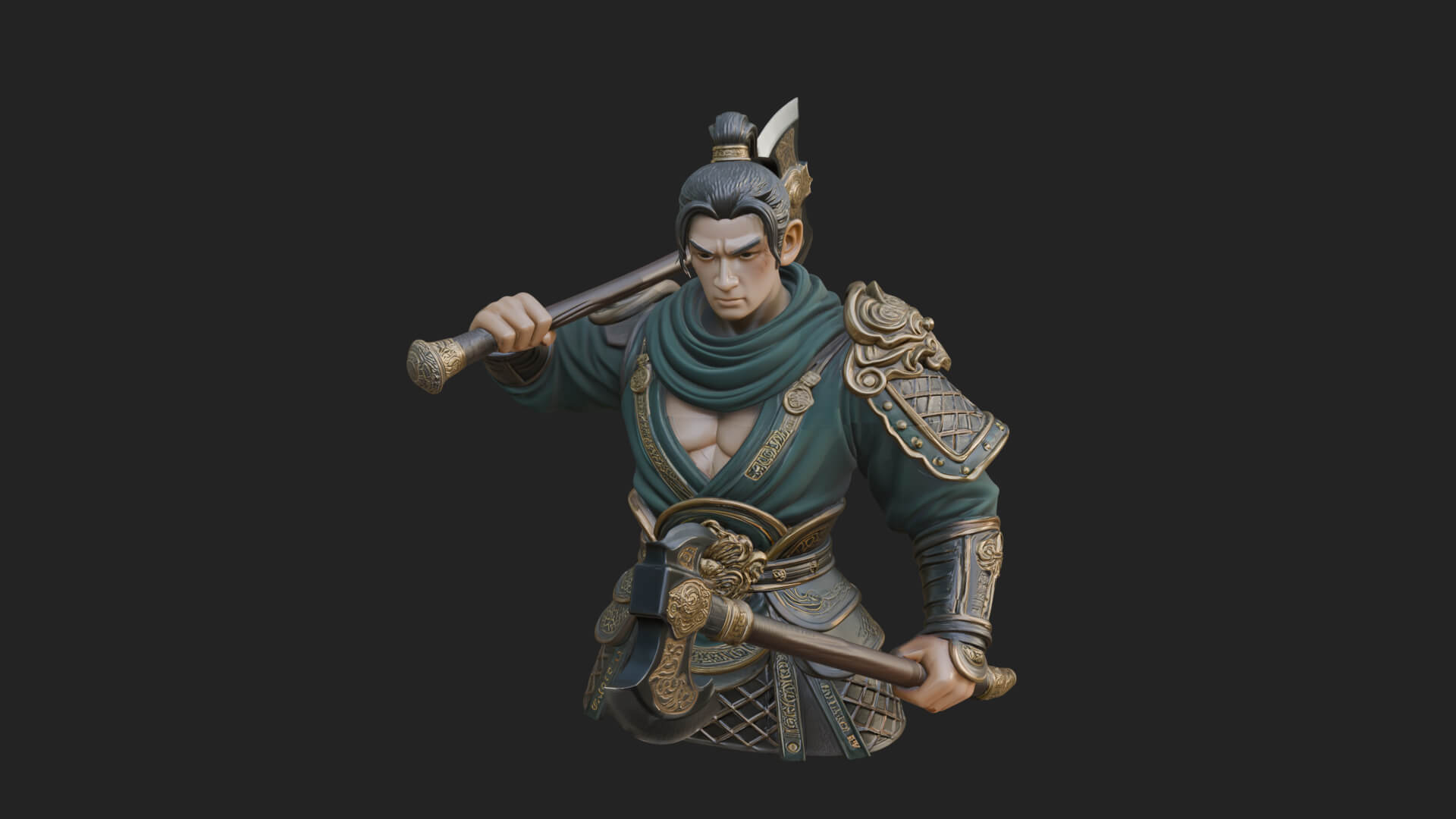 Green Armor Axe Warrior Bust Design 4 3D Print Model 3D Model