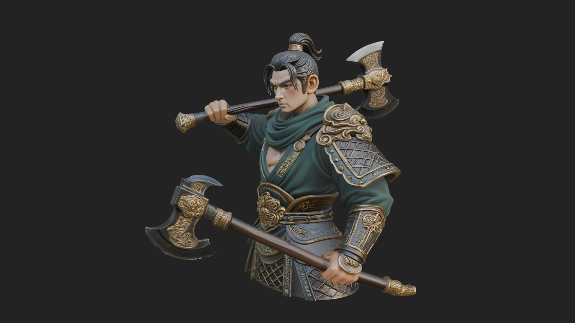 Green Armor Axe Warrior Bust Design 4 3D Print Model 3D Model