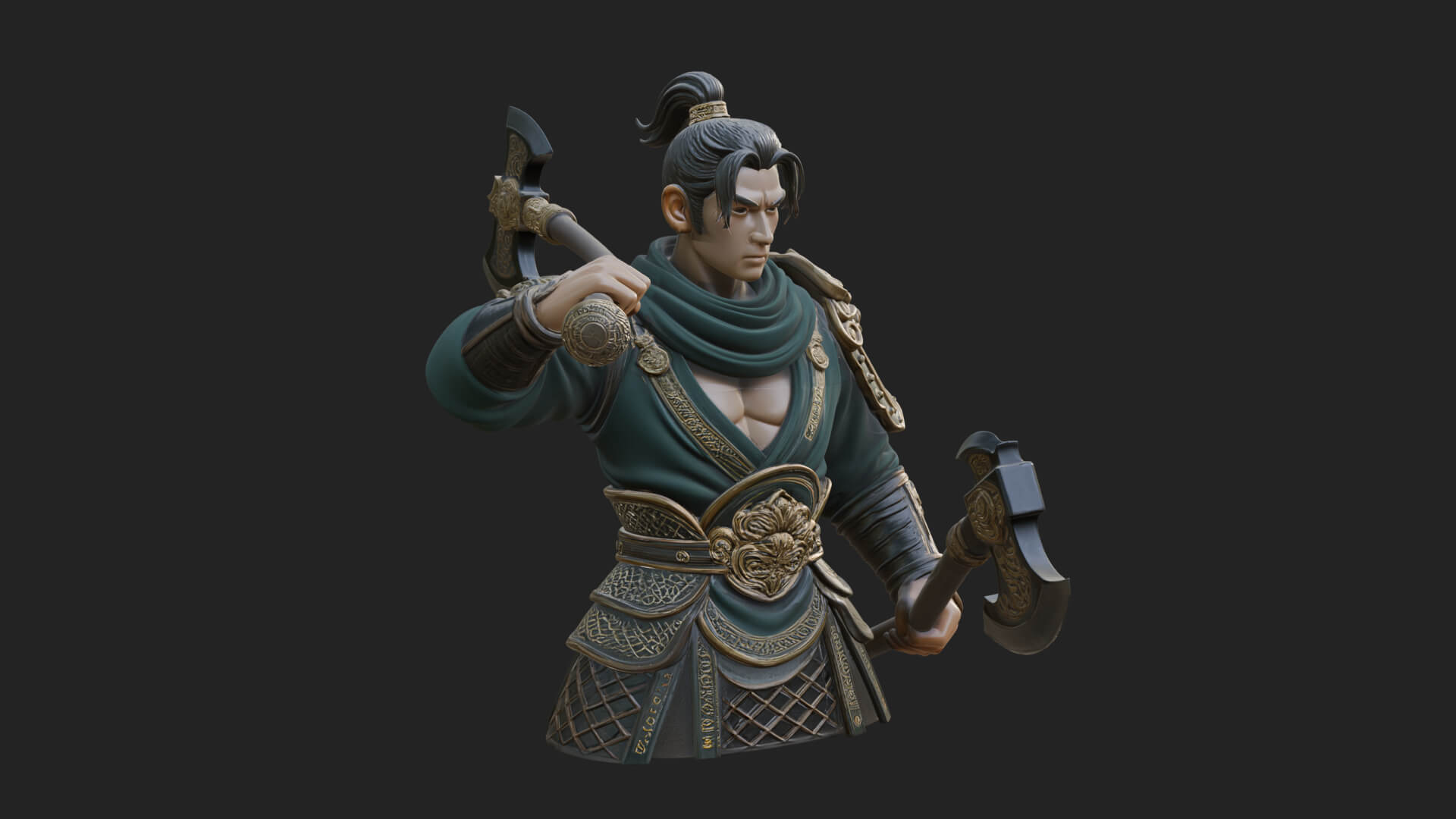 Green Armor Axe Warrior Bust Design 4 3D Print Model 3D Model