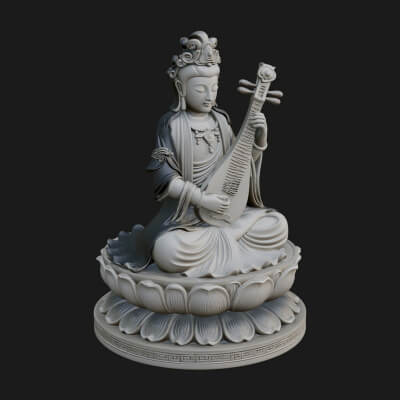 Guanyin with Lute Statue Design 2 3D Print Model