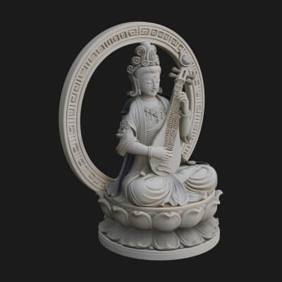 Guanyin with Lute Statue Design 4 3D Print Model
