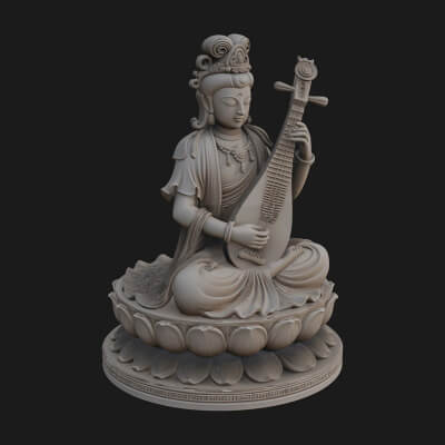 Guanyin with Lute Statue Design 5 3D Print Model