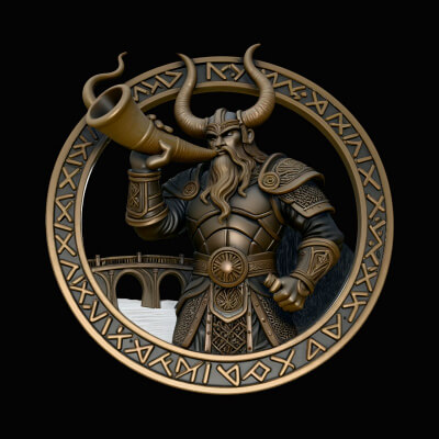 Heimdall with Horn Relief Medallion Pendant Design 4 3D P