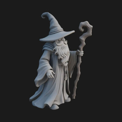 Hooded Wizard with Staff Statue Design 12 3D Print Model