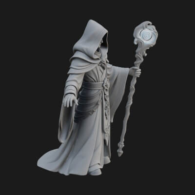 Hooded Wizard with Staff Statue Design 13 3D Print Model