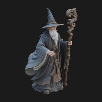 Hooded Wizard with Staff Statue Design 15 3D Print Model
