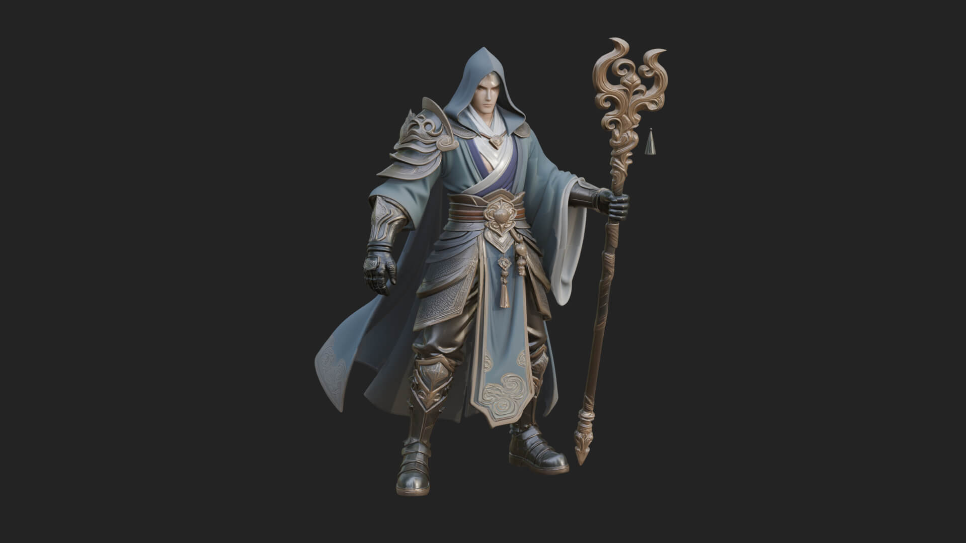 Hooded Wizard with Staff Statue Design 18 3D Print Model 3D Model