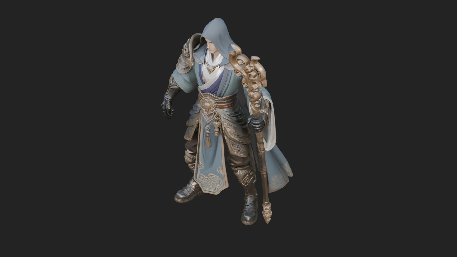 Hooded Wizard with Staff Statue Design 18 3D Print Model 3D Model