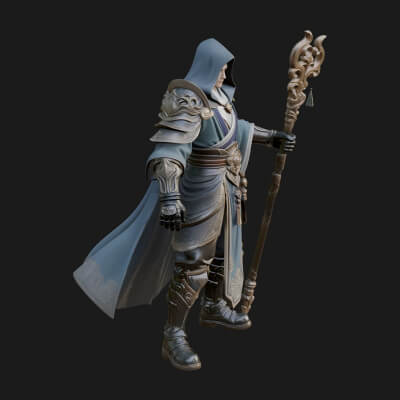 Hooded Wizard with Staff Statue Design 18 3D Print Model