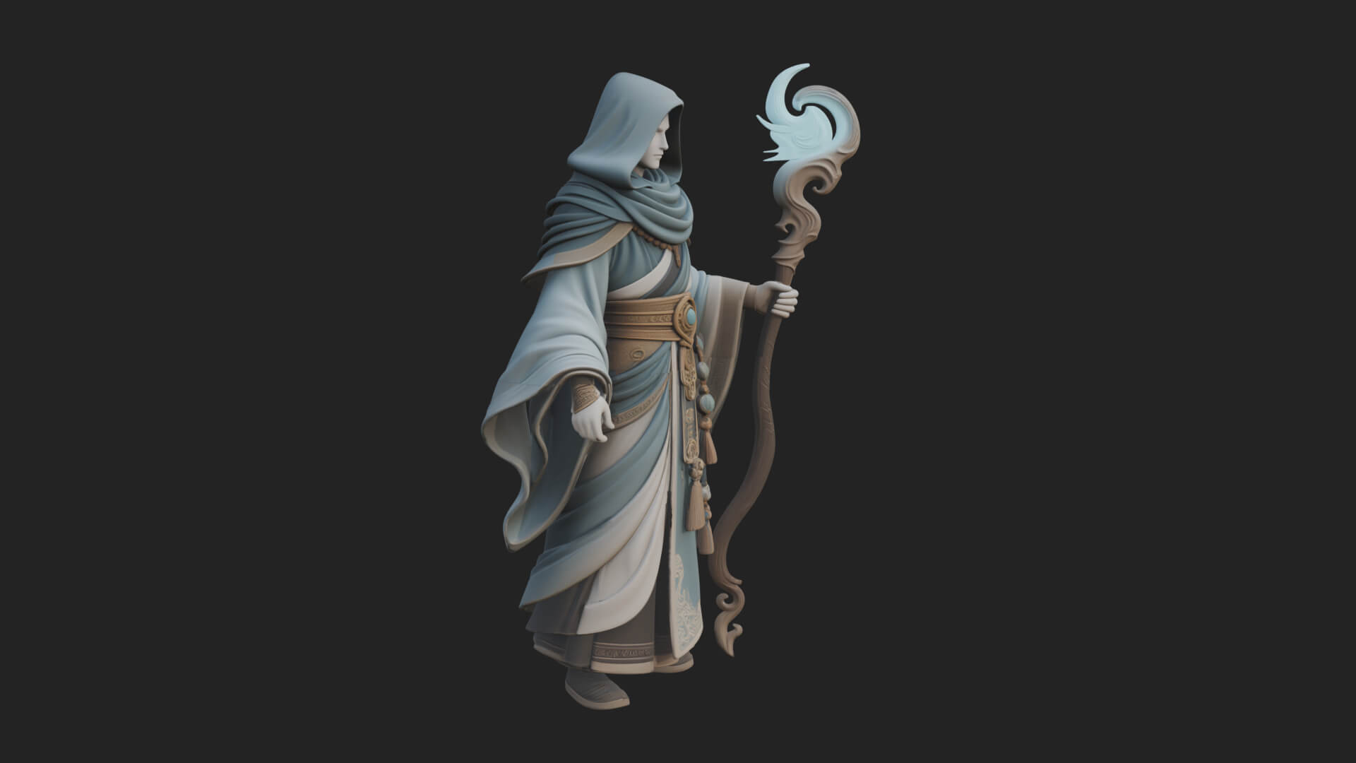 Hooded Wizard with Staff Statue Design 19 3D Print Model 3D Model