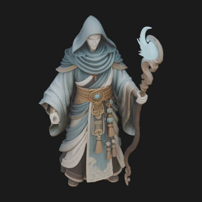 Hooded Wizard with Staff Statue Design 19 3D Print Model