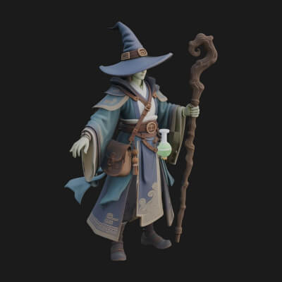 Hooded Wizard With Staff Statue Design 21 3D Print Model