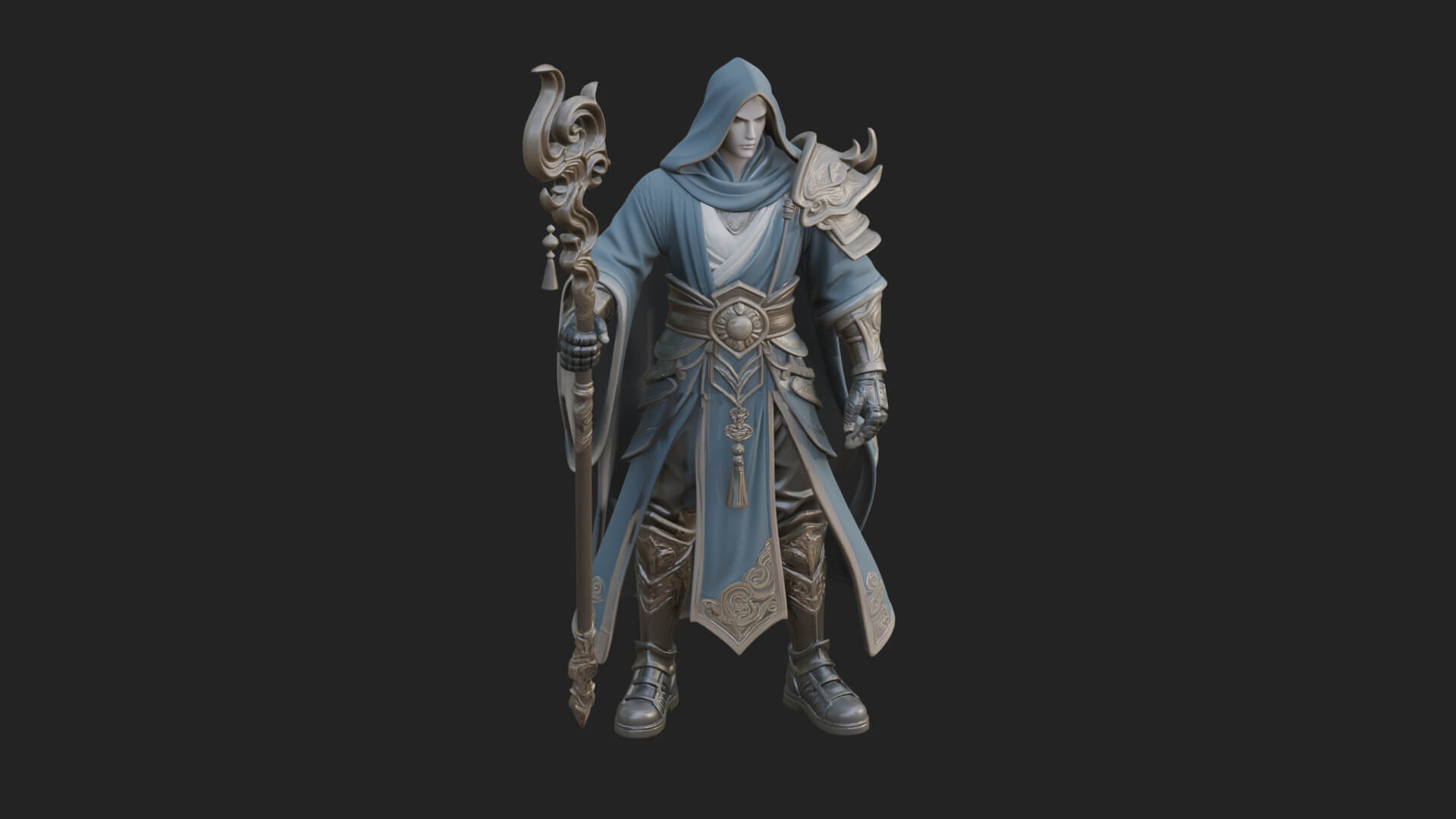 Hooded Wizard with Staff Statue Design 22 3D Print Model 3D Model