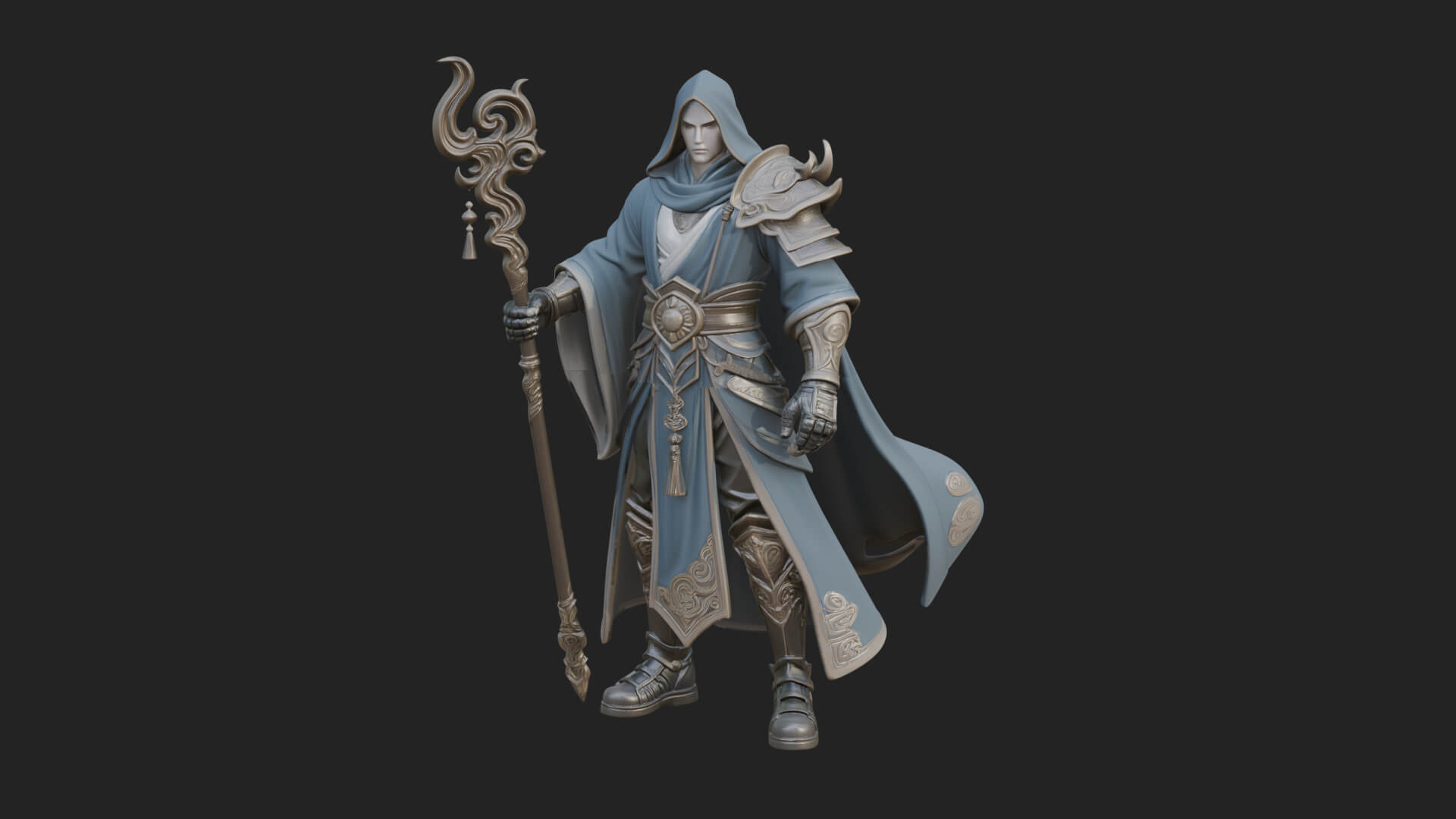 Hooded Wizard with Staff Statue Design 22 3D Print Model 3D Model
