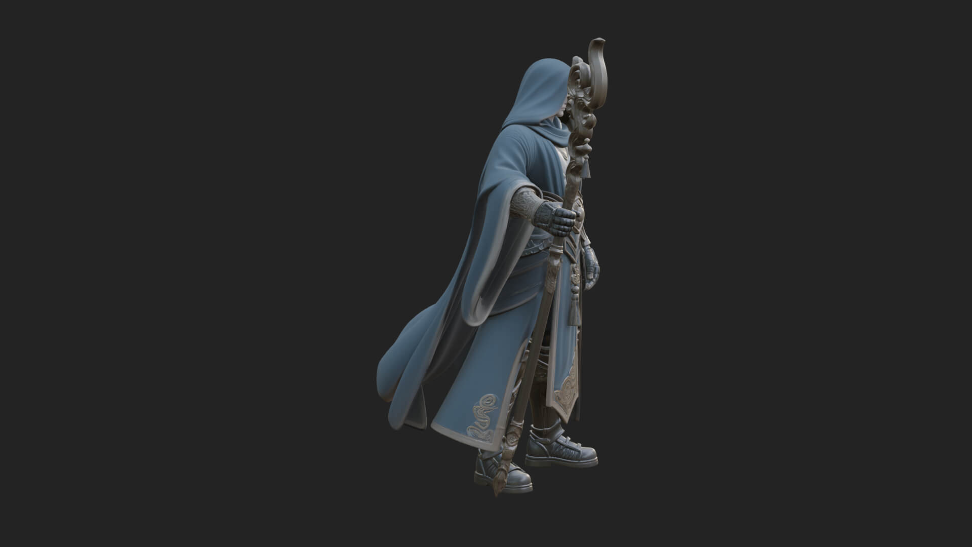 Hooded Wizard with Staff Statue Design 22 3D Print Model 3D Model