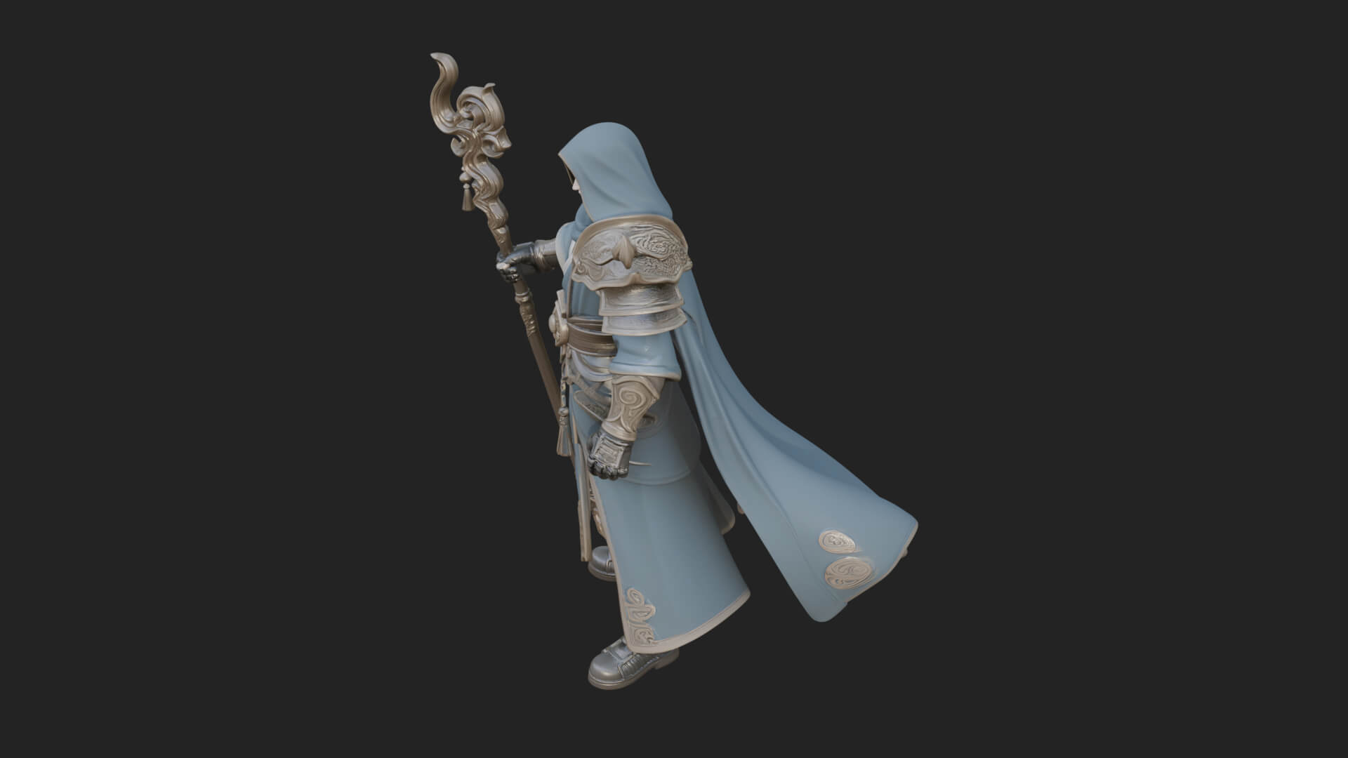 Hooded Wizard with Staff Statue Design 22 3D Print Model 3D Model