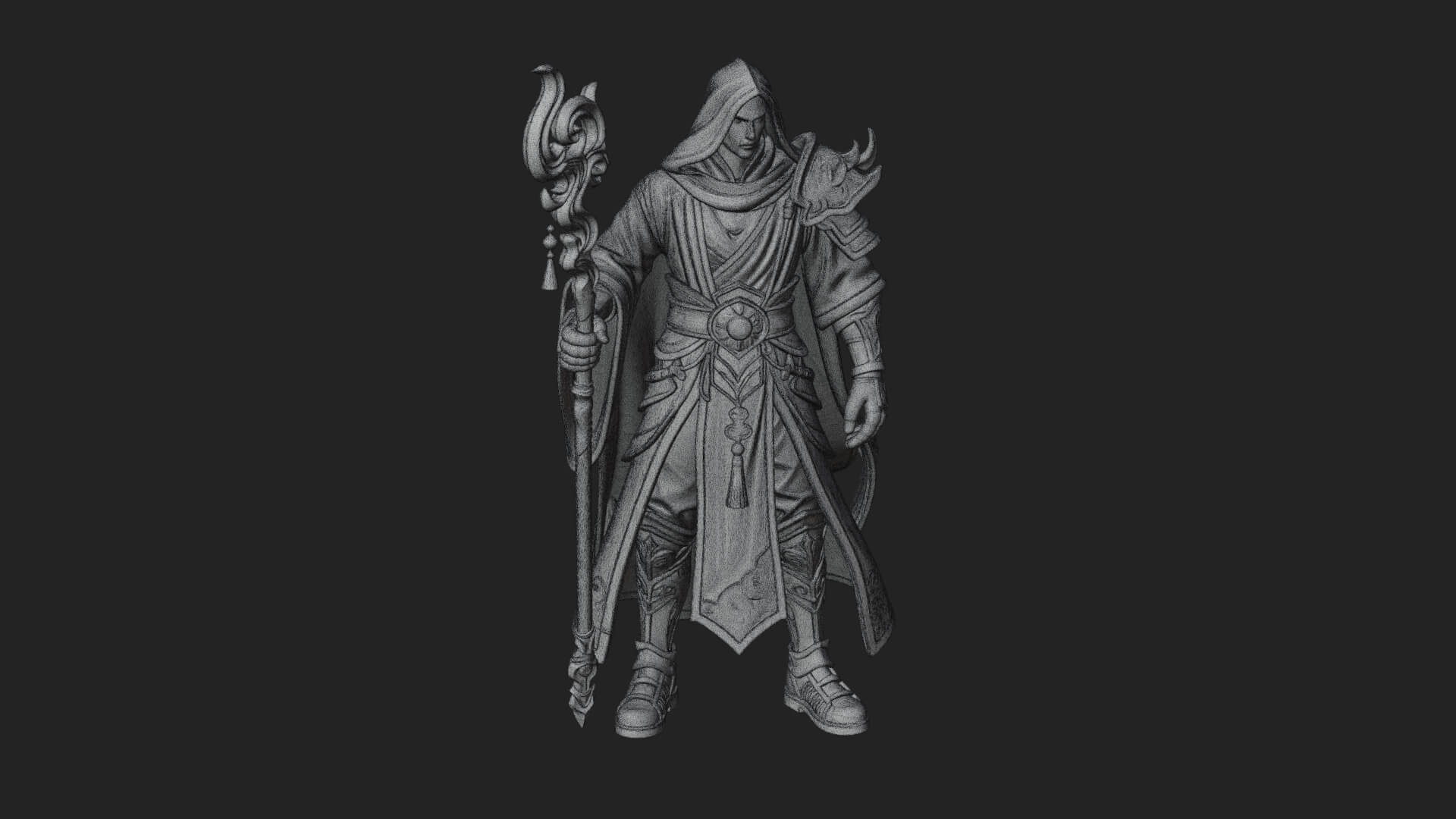 Hooded Wizard with Staff Statue Design 22 3D Print Model 3D Model