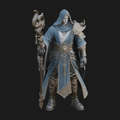 Hooded Wizard with Staff Statue Design 22 3D Print Model