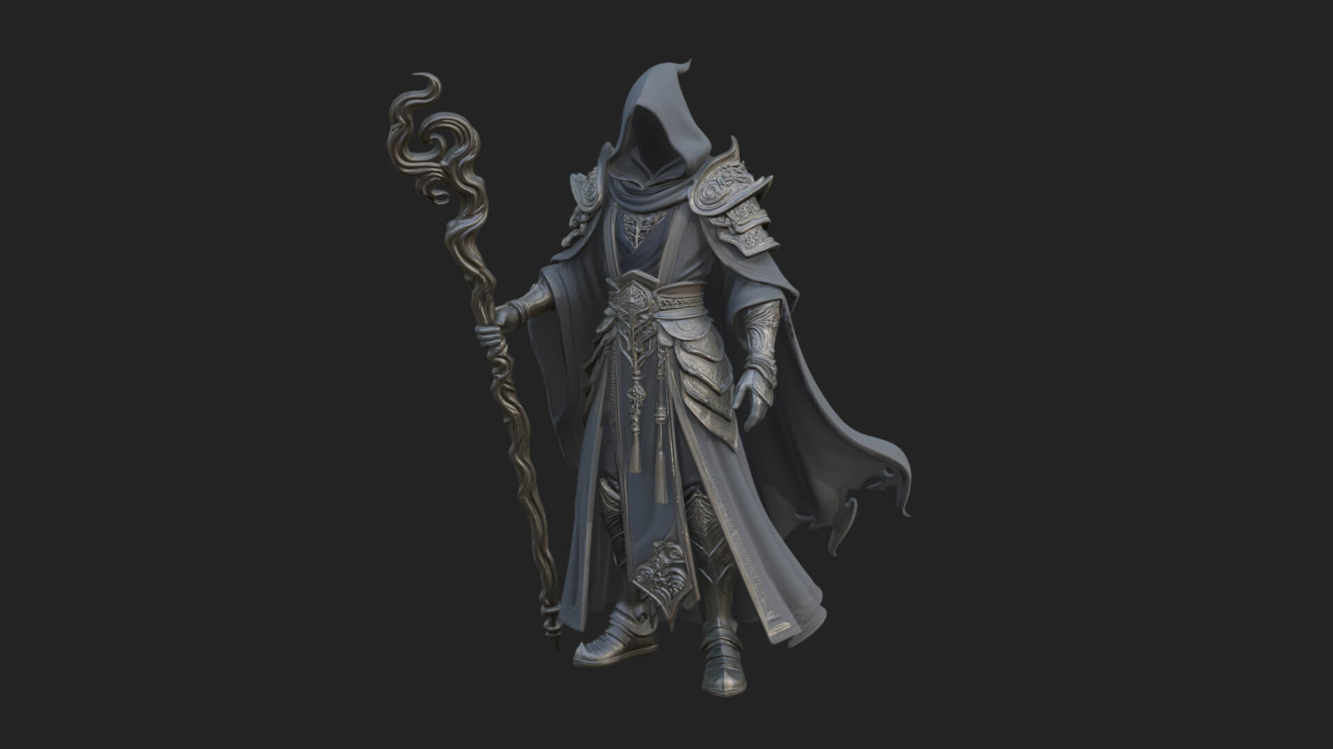 Hooded Wizard with Staff Statue Design 23 3D Print Model 3D Model