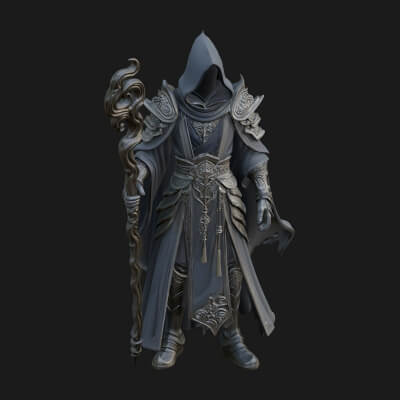 Hooded Wizard with Staff Statue Design 23 3D Print Model