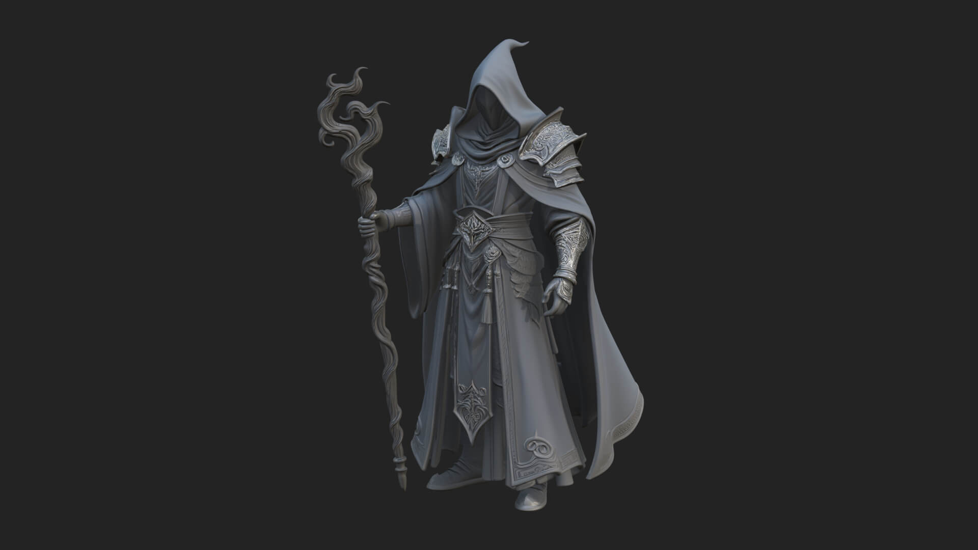 Hooded Wizard with Staff Statue Design 24 3D Print Model 3D Model
