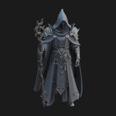 Hooded Wizard with Staff Statue Design 24 3D Print Model