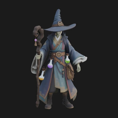 Hooded Wizard with Staff Statue Design 25 3D Print Model