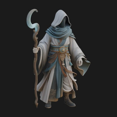 Hooded Wizard with Staff Statue Design 26 3D Print Model