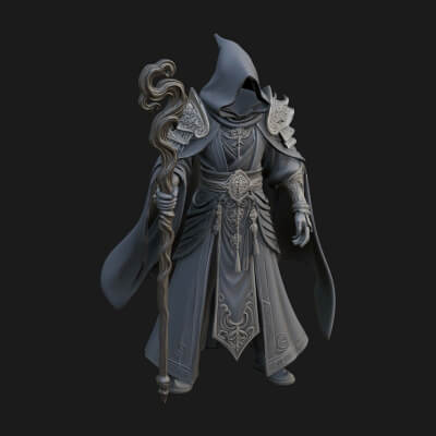 Hooded Wizard with Staff Statue Design 27 3D Print Model