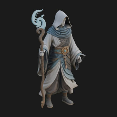 Hooded Wizard with Staff Statue Design 28 3D Print Model