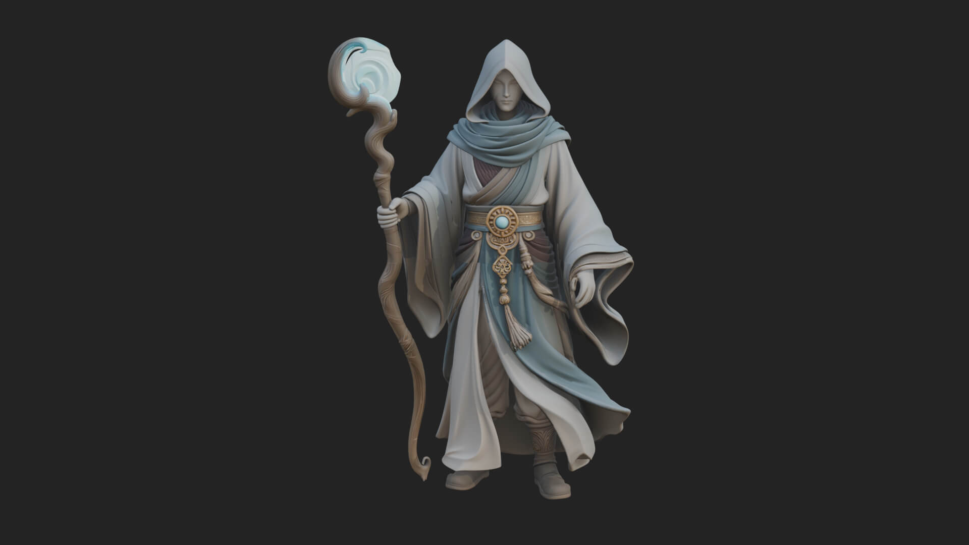 Hooded Wizard with Staff Statue Design 29 3D Print Model 3D Model