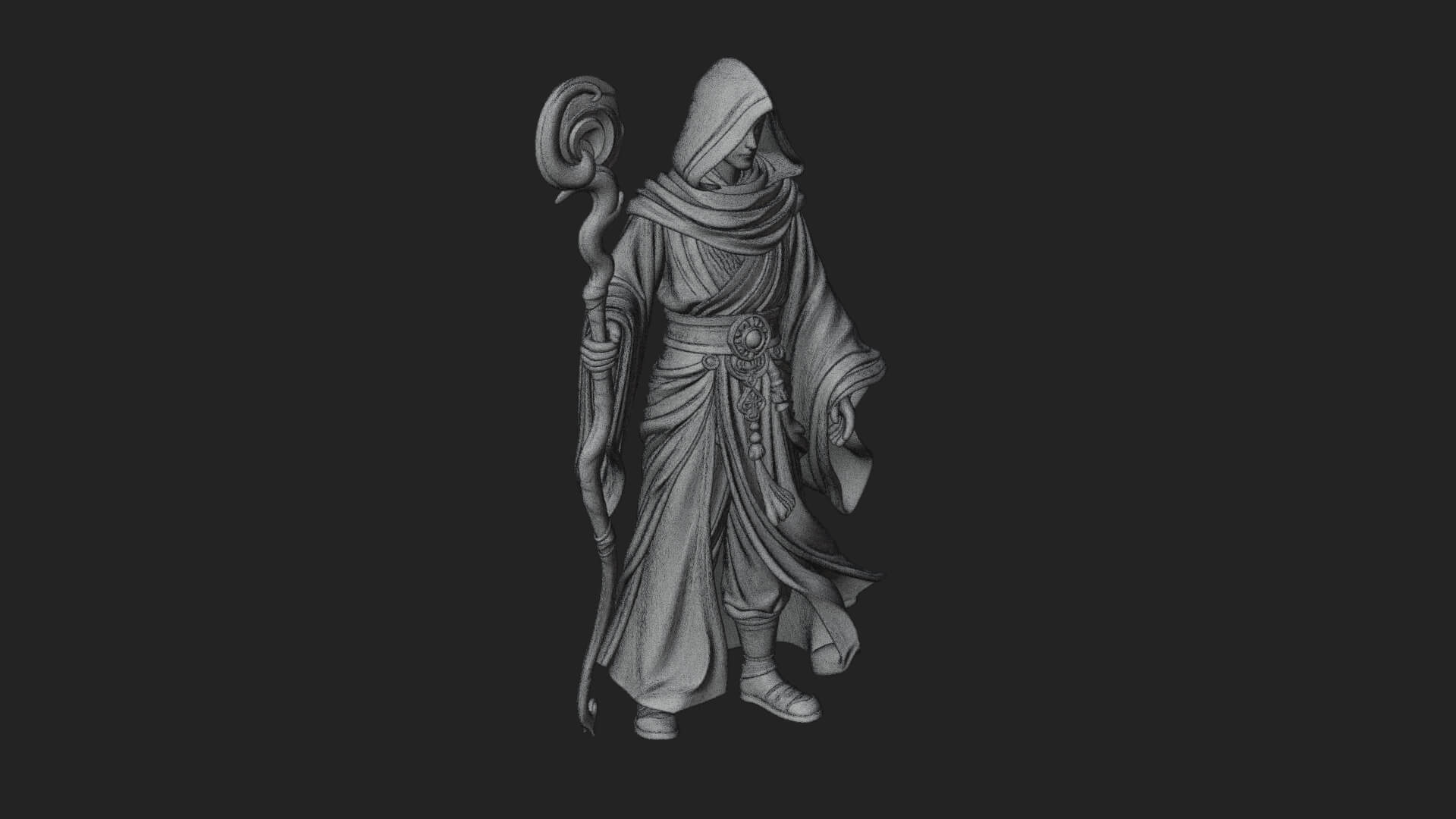 Hooded Wizard with Staff Statue Design 29 3D Print Model 3D Model