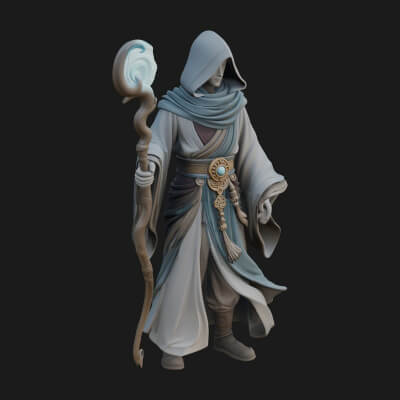 Hooded Wizard with Staff Statue Design 29 3D Print Model