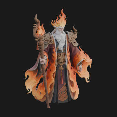 Hooded Wizard with Staff Statue Design 32 3D Print Model