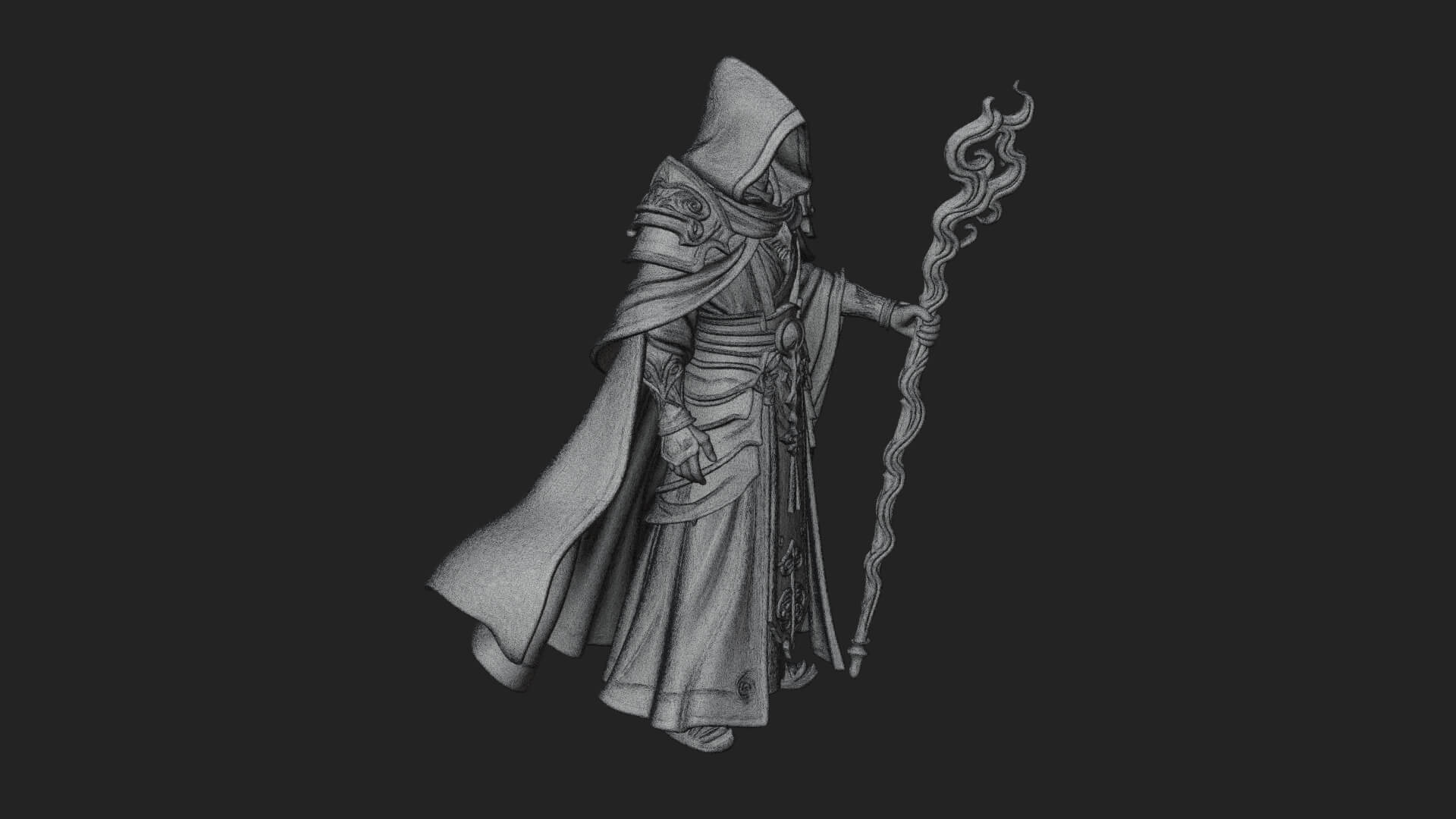 Hooded Wizard with Staff Statue Design 34 3D Print Model 3D Model