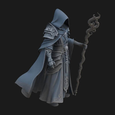 Hooded Wizard with Staff Statue Design 34 3D Print Model