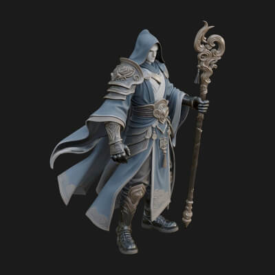 Hooded Wizard with Staff Statue Design 35 3D Print Model