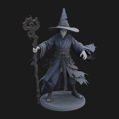 Hooded Wizard With Staff Statue Design 6 3D Print Model