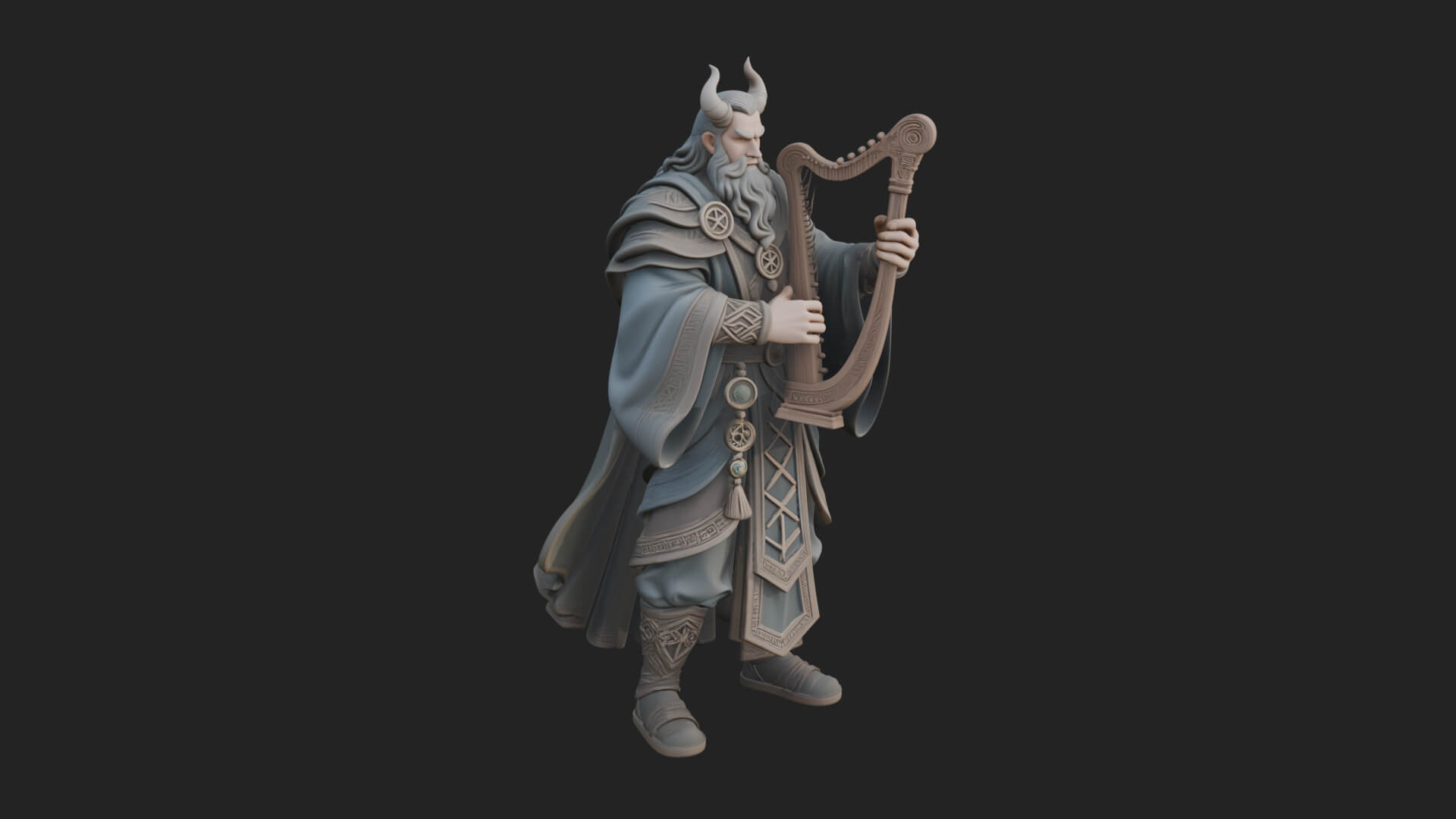 Horned Bard with Harp Statue Design 1 3D Print Model 3D Model